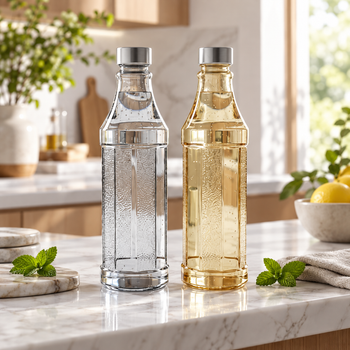 Faceted 1100ml glass water bottle with steel lid in luxury kitchen setting