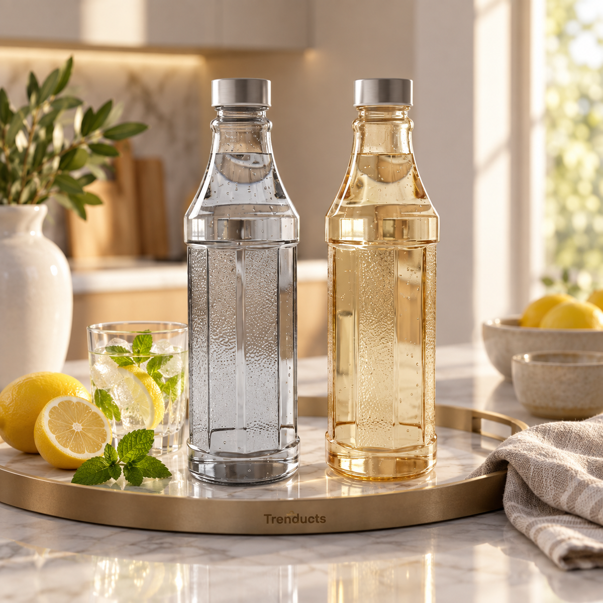 Faceted 1100ml Glass Water Bottle with Steel Lid