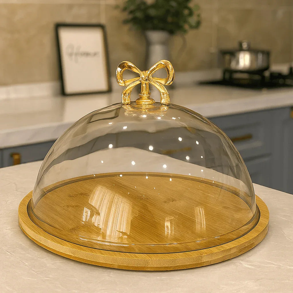 Fancy Cake Dome with Cover – Bamboo Wooden Base - Clarify.pk