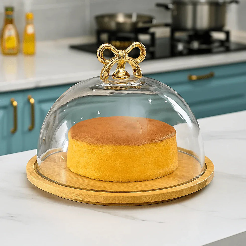 Fancy Cake Dome with Cover – Bamboo Wooden Base
