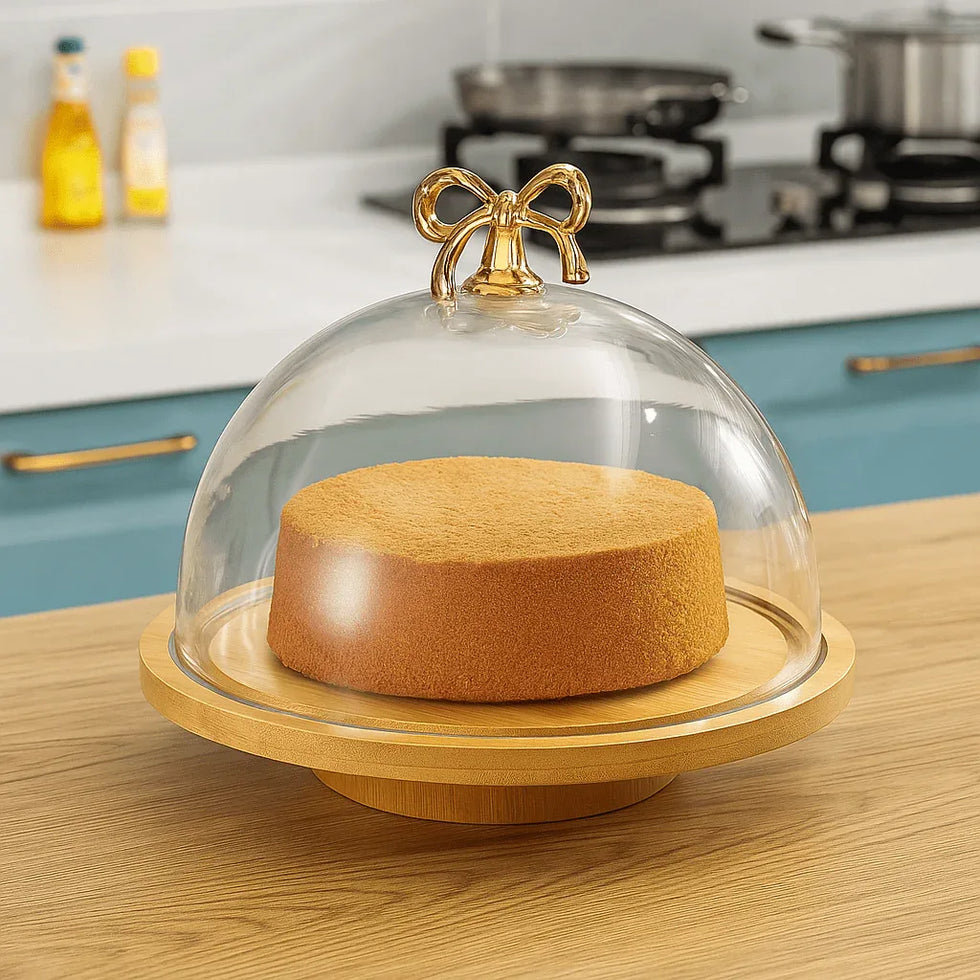 Fancy Cake Dome with Cover – Bamboo Wooden Base
