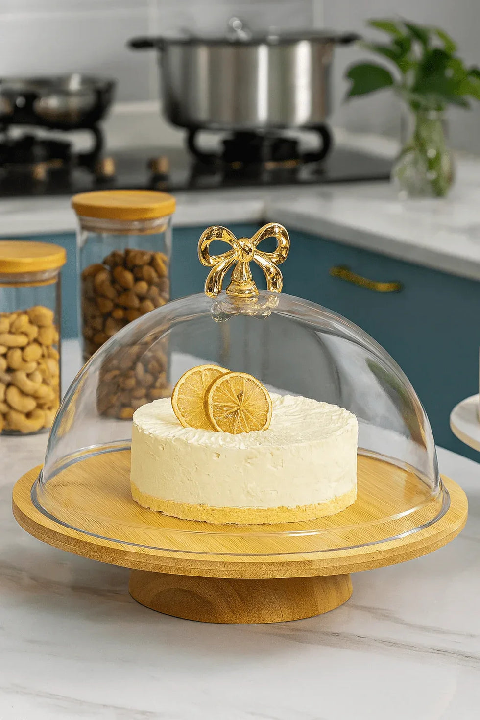 Fancy Cake Dome with Cover – Bamboo Wooden Base