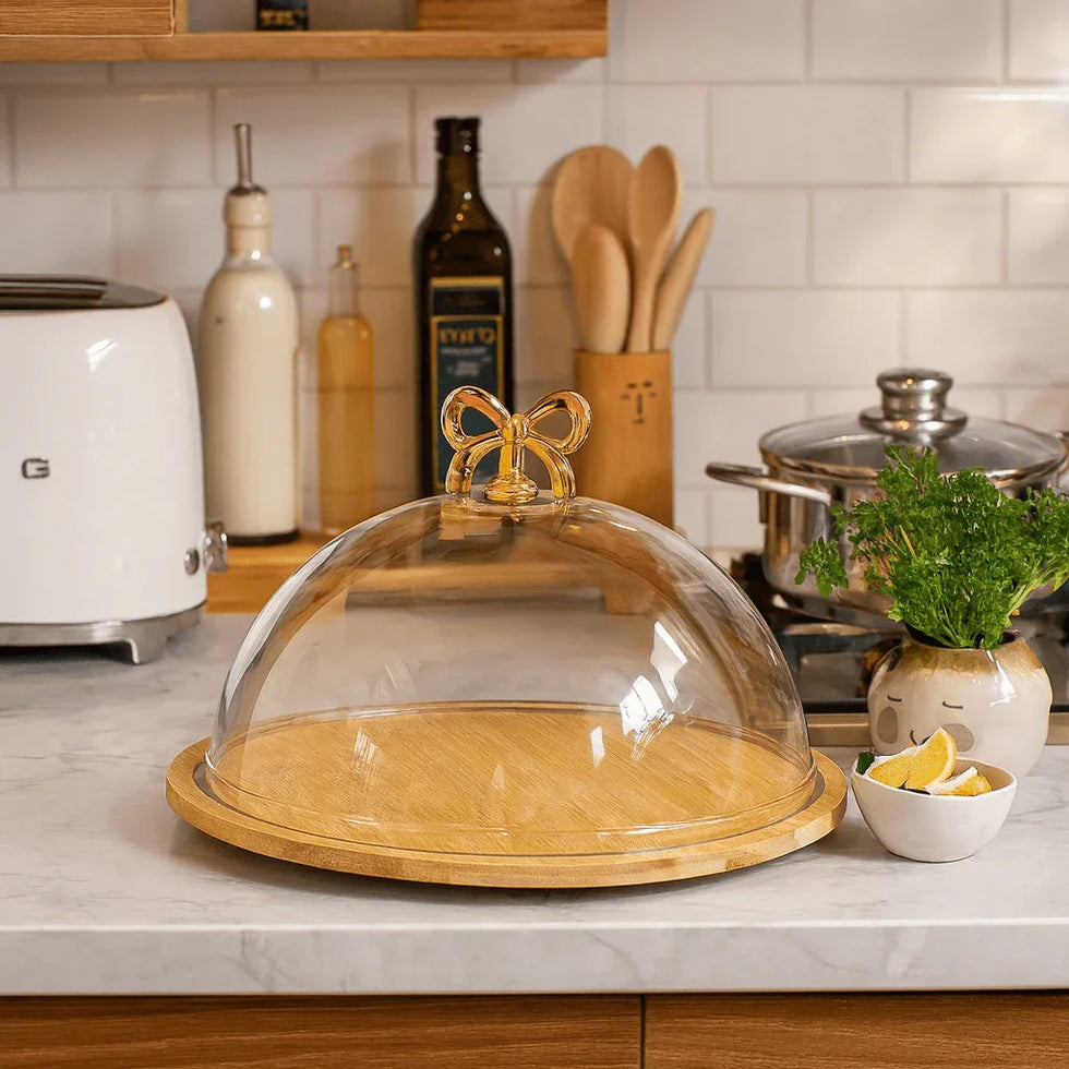 Fancy Cake Dome with Cover – Bamboo Wooden Base