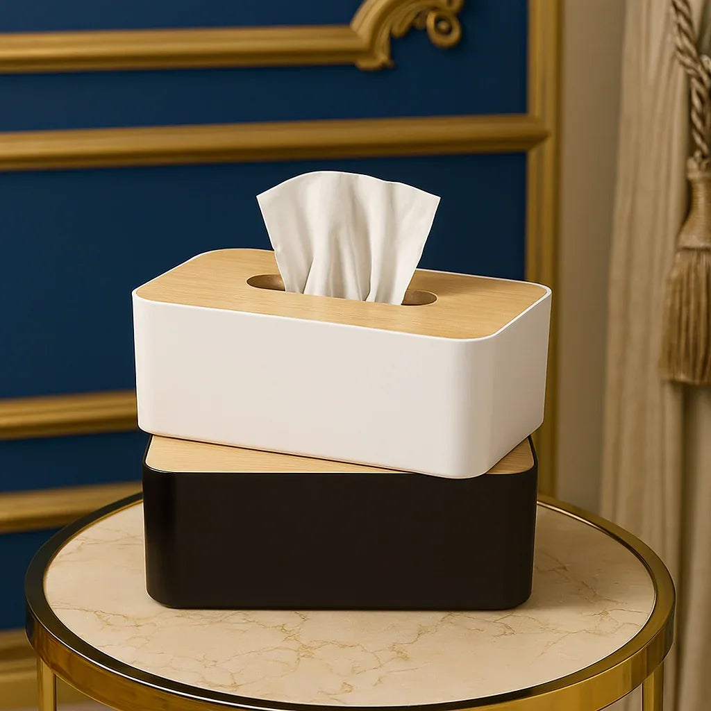 Tissue Box with Wooden Lid – Modern Plastic Tissue Holder - Clarify.pk