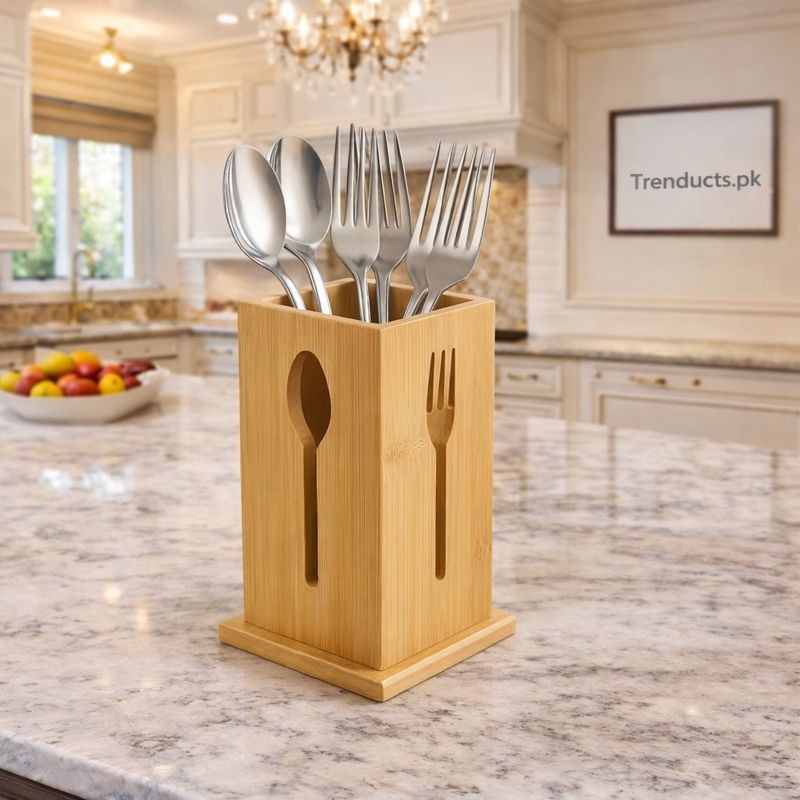 Spoon-Embossed Wooden Cutlery Holder – Handcrafted Tabletop Organizer MJ
