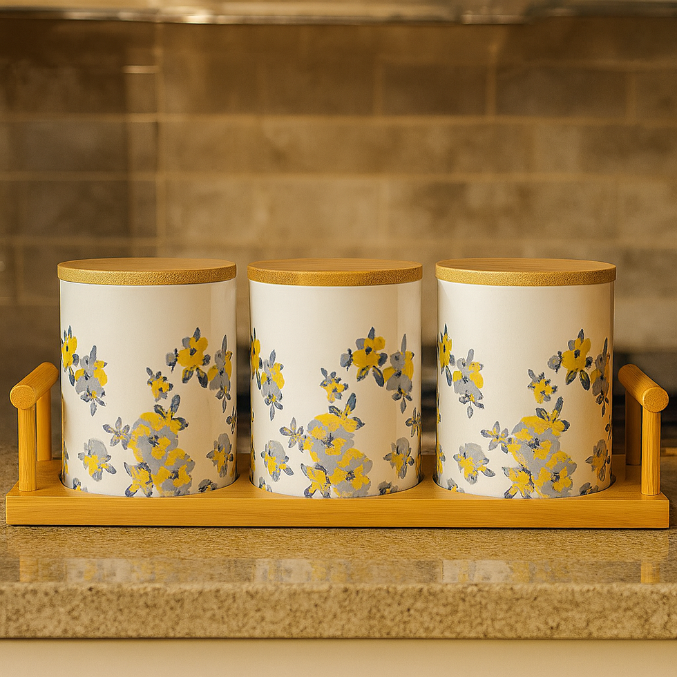 Floral Ceramic Canisters with Bamboo Base – Set of 3 - Clarify.pk