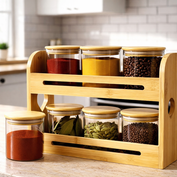 Premium 6pc Glass Spice Jar Set with Bamboo Stand - Culinary Curator HAT