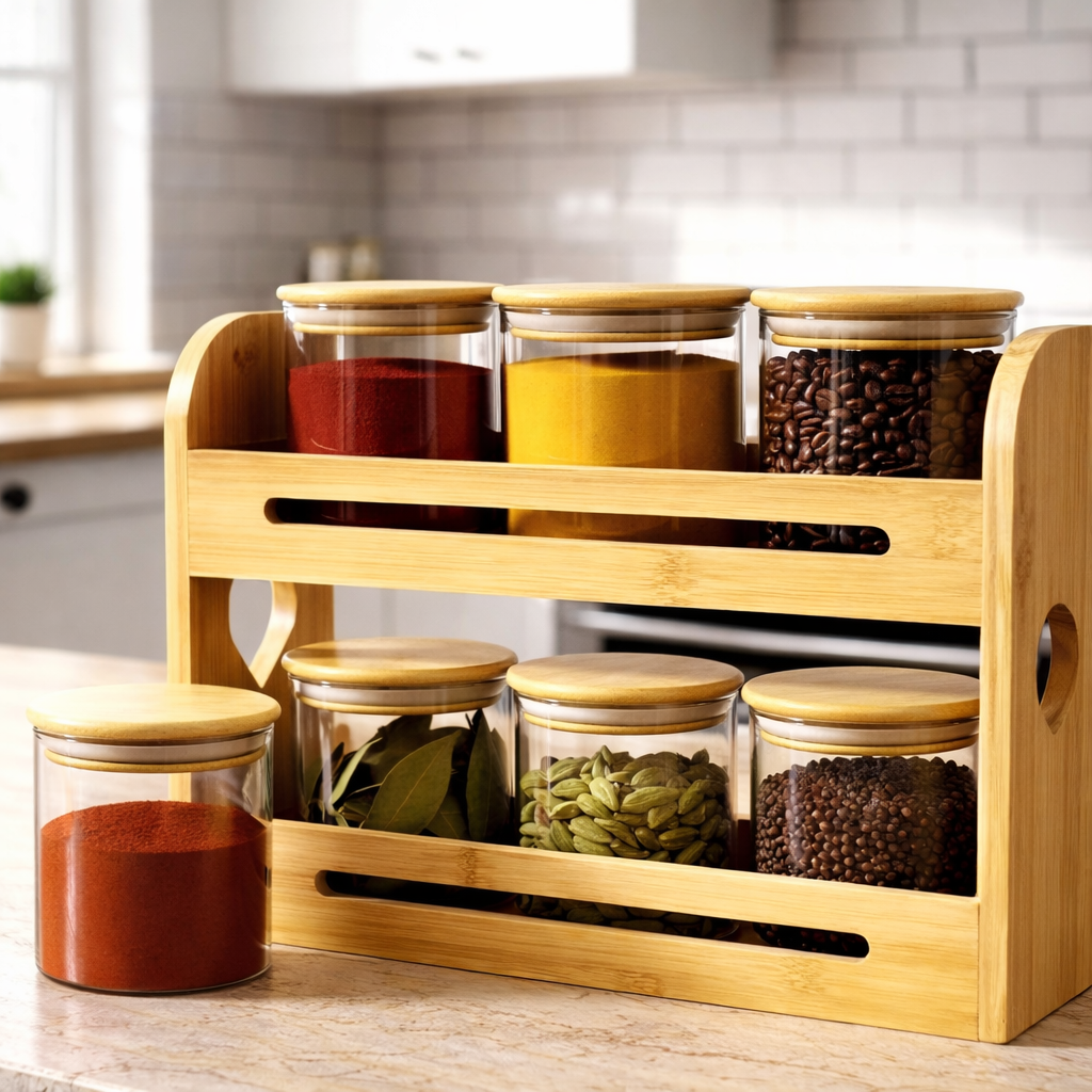 Premium 6pc Glass Spice Jar Set with Bamboo Stand - Culinary Curator HAT
