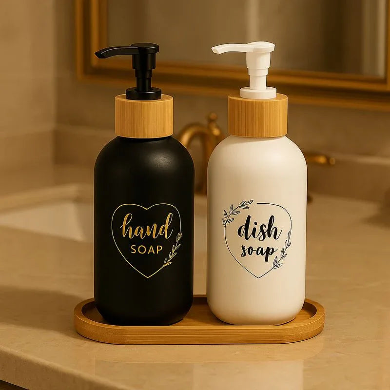 Luxury Bathroom Soap Dispenser Set with Bamboo Tray - Clarify.pk