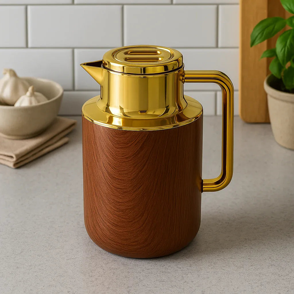 Luxury Wooden Finish Thermos Flask with Golden Lid (1liter) - Clarify.pk