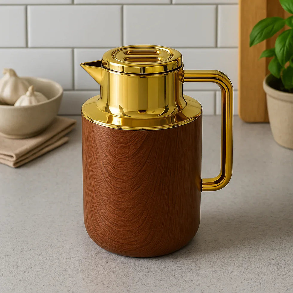 Luxury Wooden Finish Thermos Flask with Golden Lid (1liter) - Clarify.pk