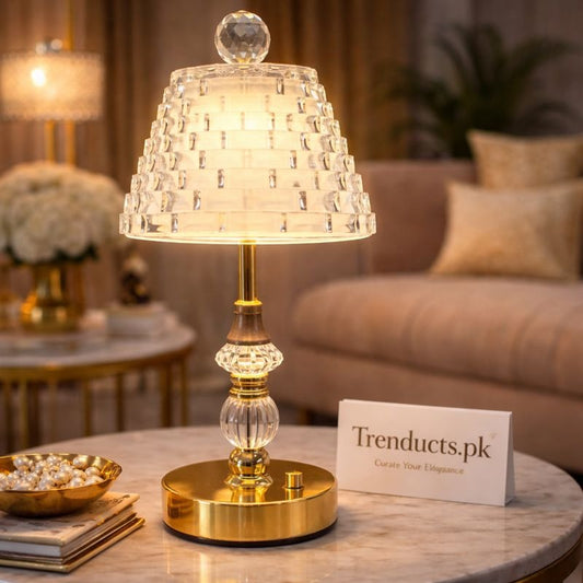 Luxury LED Crystal Bell Electric Lamp - Modern Tiered Glass Table Light with Gold Base - Trenducts.pk