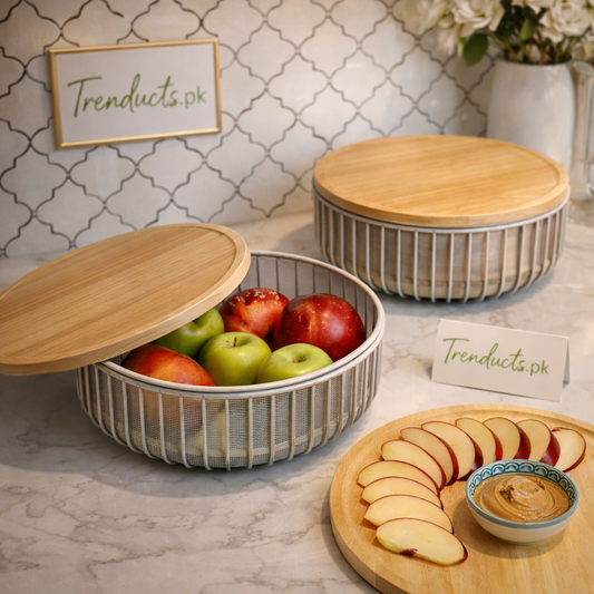 Premium Mesh Fruit Basket with Natural Wooden Lid AJF