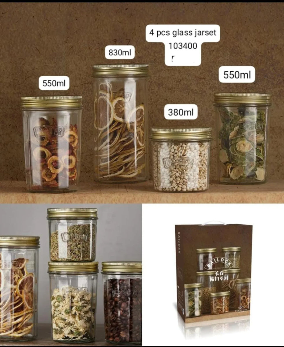 Premium 4-Piece Airtight Glass Storage Jar Set with Metal Lids - Clarify.pk