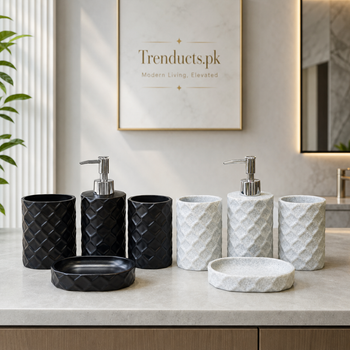 Black and white chevron four-piece fibre bathroom set variants