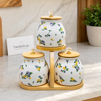 Airtight floral ceramic jar set on tiered stand