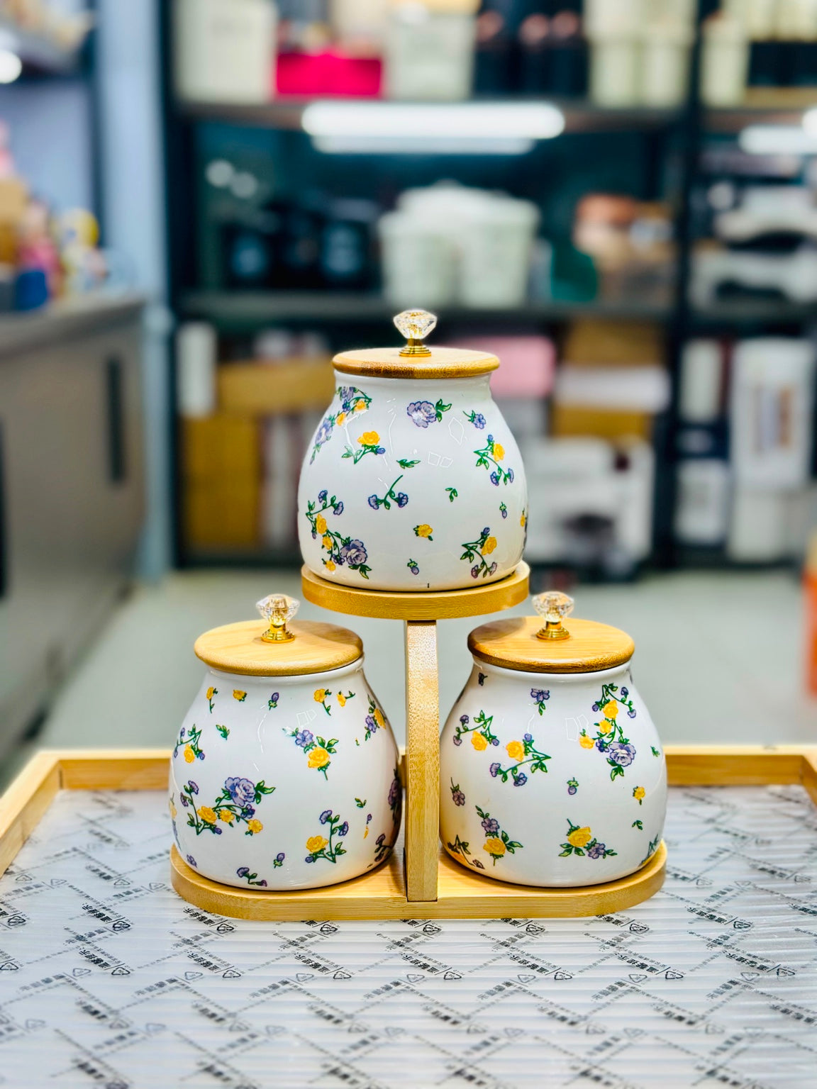 Airtight Floral Ceramic Jar Set with Stand – 3Pcs