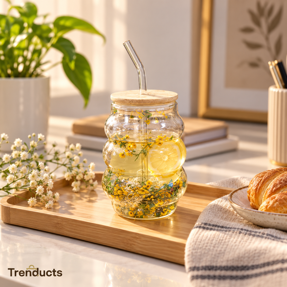 Floral Double Wall Glass Sipper with Straw