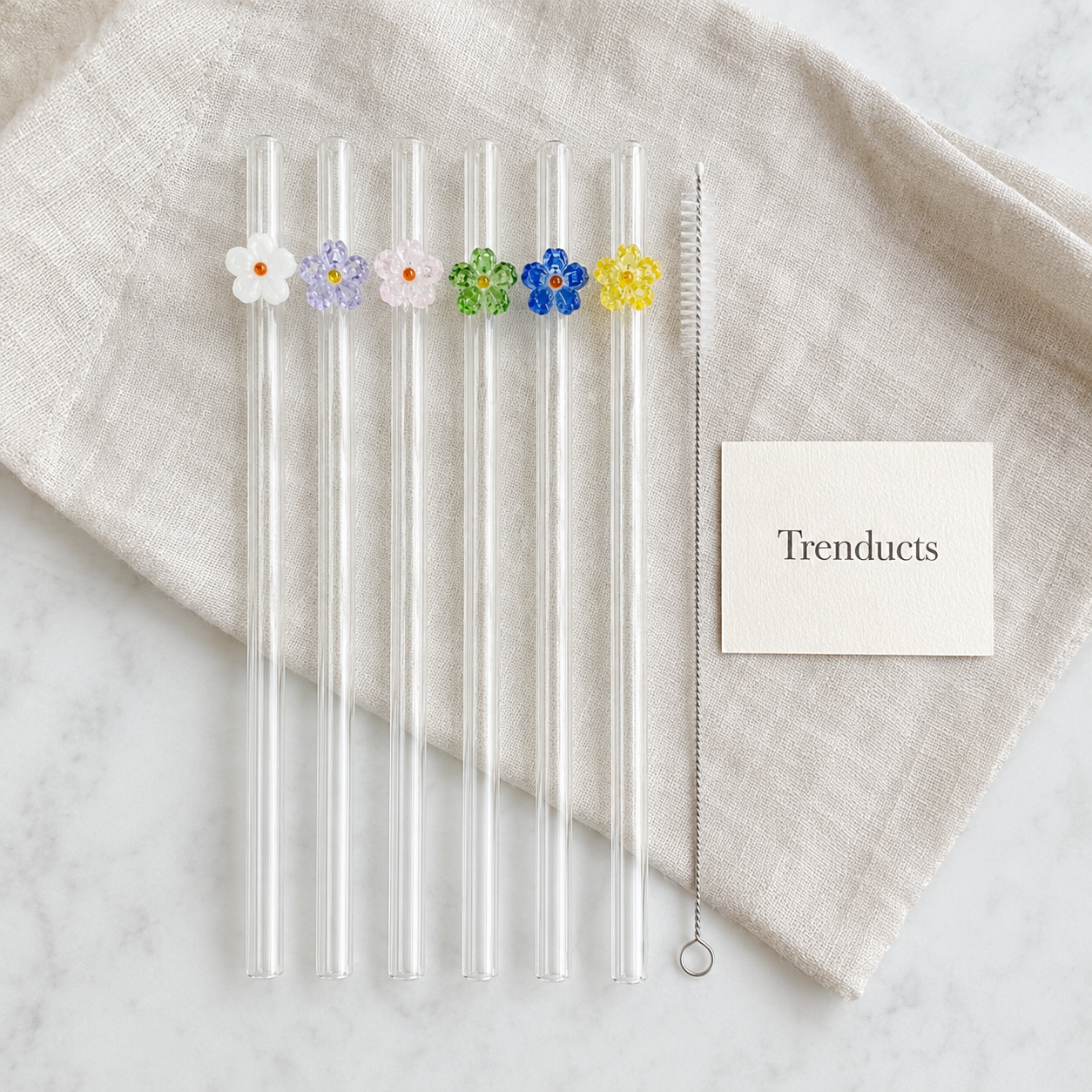 6-Piece Flower Glass Straw Set with Brush