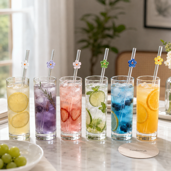 Six flower glass straws displayed in cold drinks