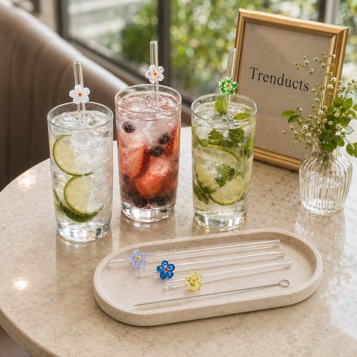 6-Piece Flower Glass Straw Set with Brush