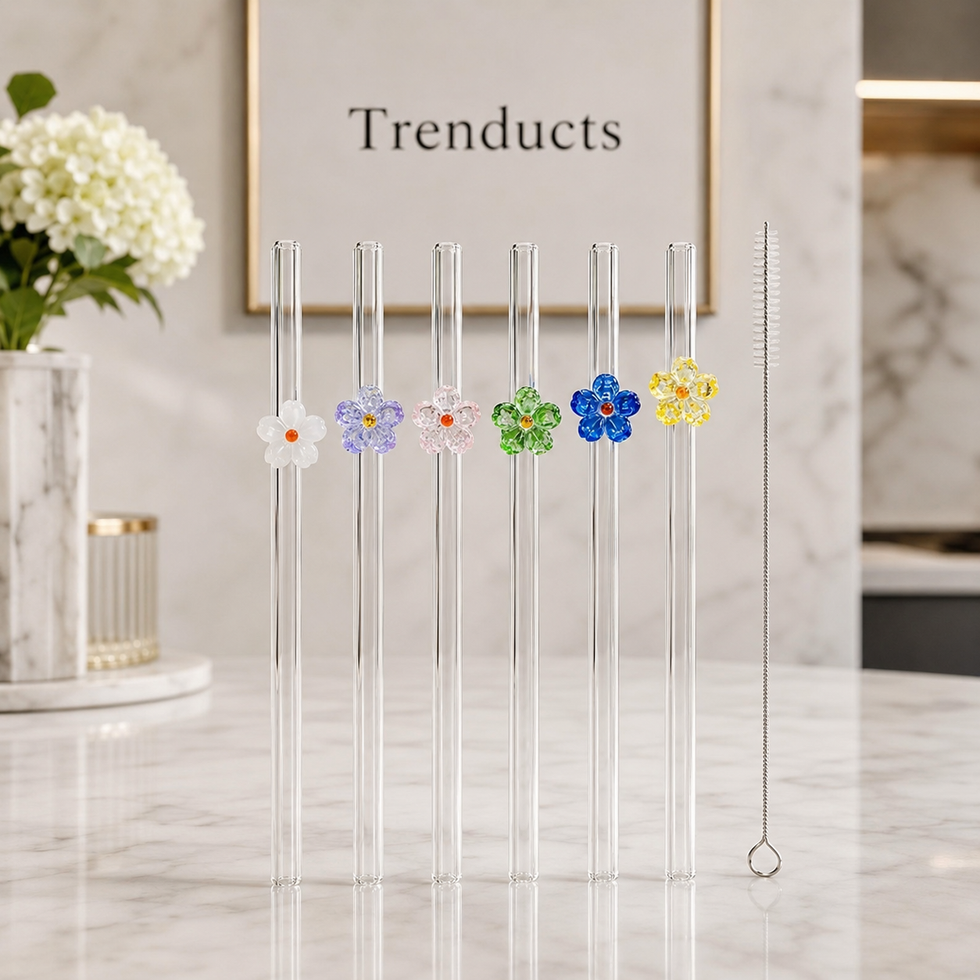 Flower Glass Straw Set with Cleaning Brush – 6 Pcs