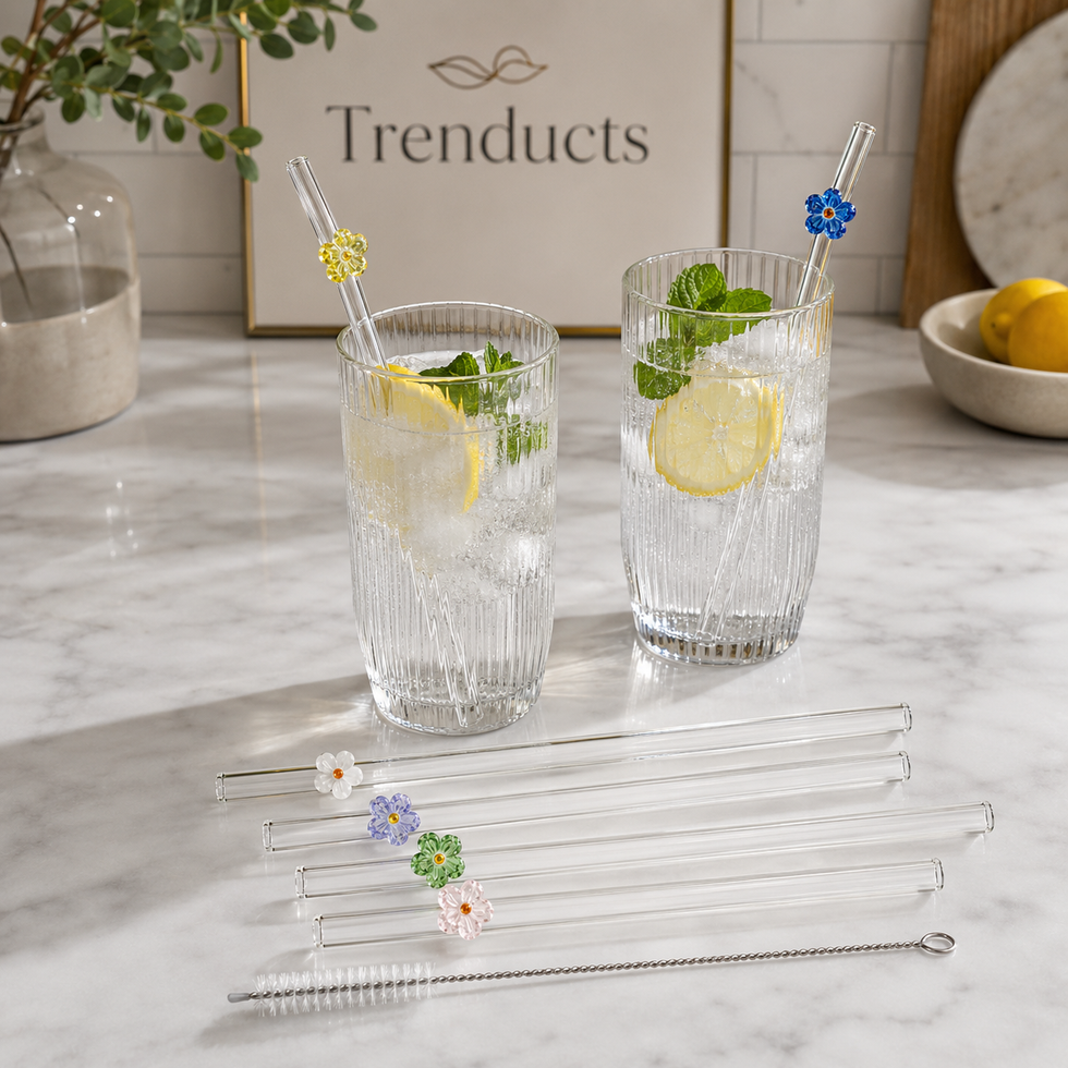 Flower Glass Straw Set with Cleaning Brush – 6 Pcs