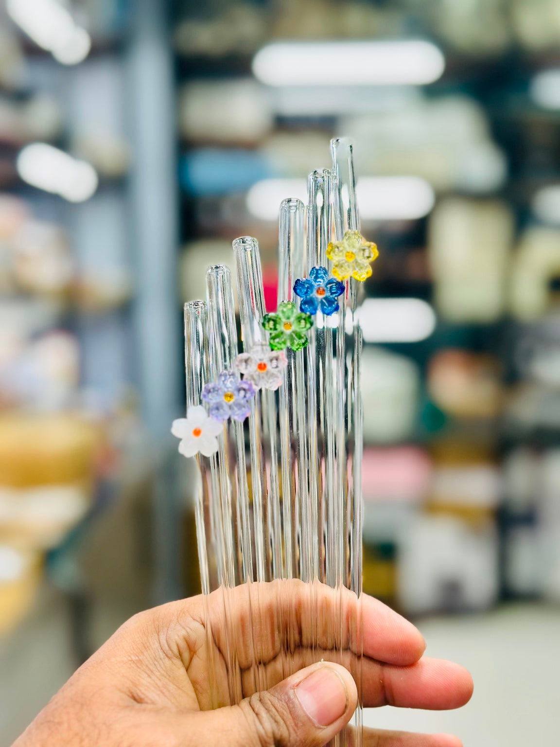 Flower Glass Straw Set with Cleaning Brush – 6 Pcs