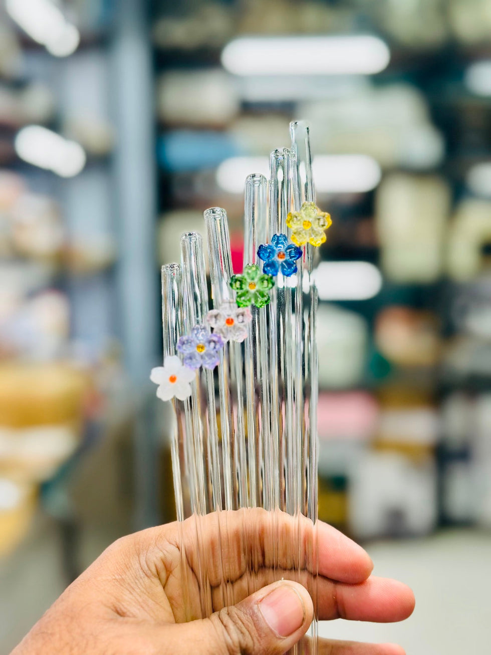 Flower Glass Straw Set with Cleaning Brush – 6 Pcs