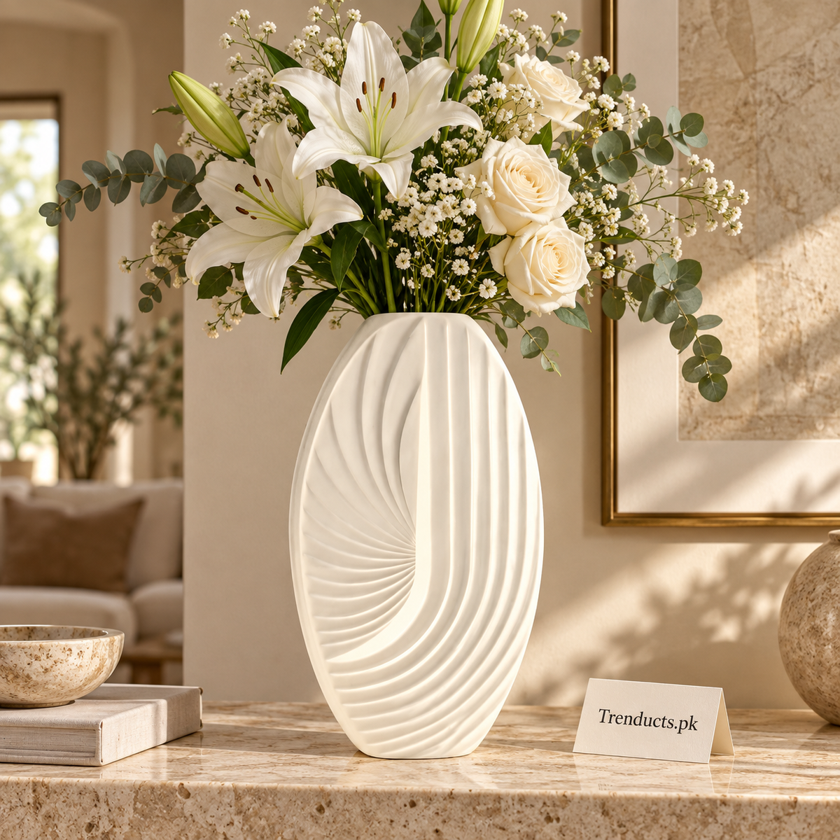 Fluted Oval Ceramic Flower Vase