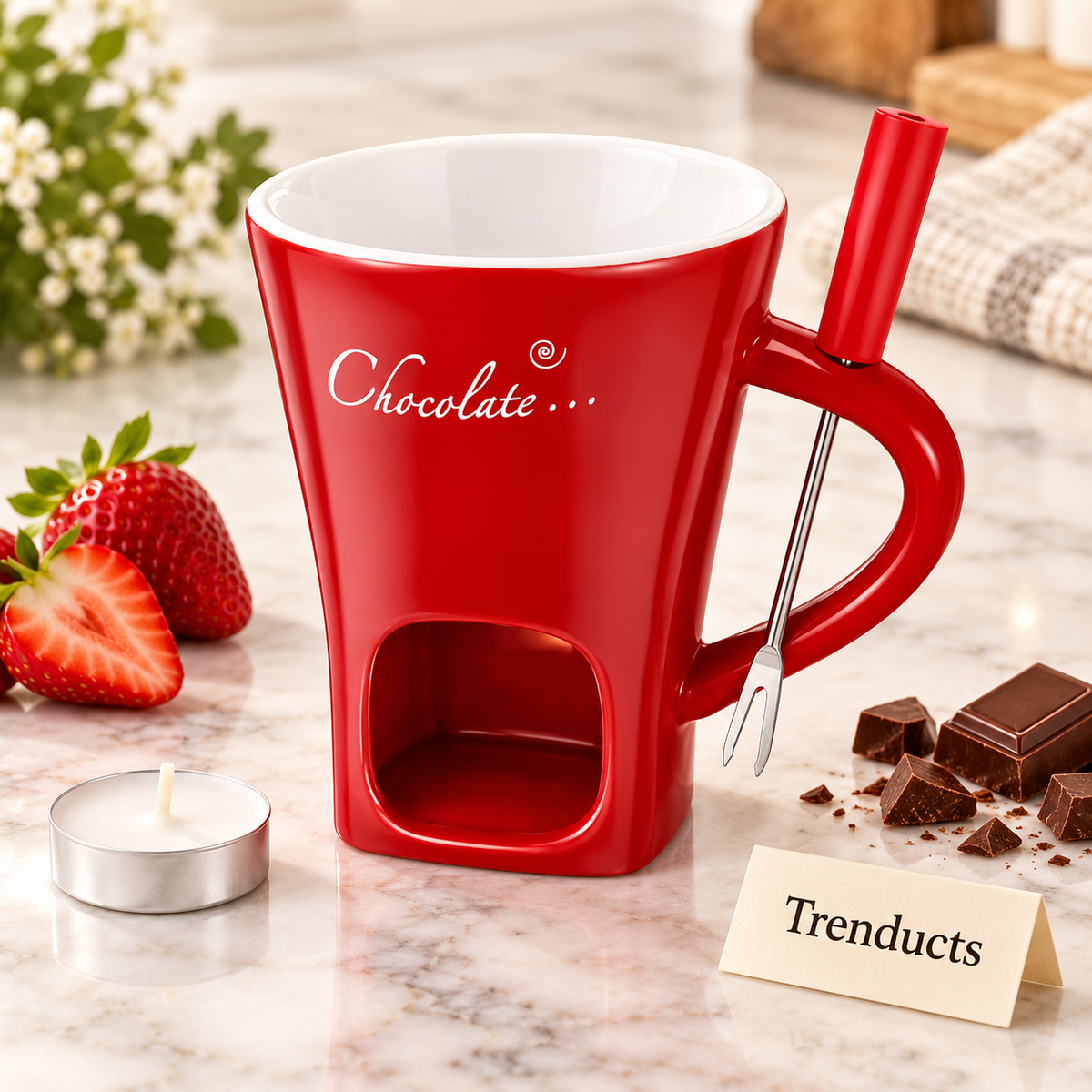 Chocolate Fondue Ceramic Mug & Melt Mug with Spoon & Candle (Random Color)