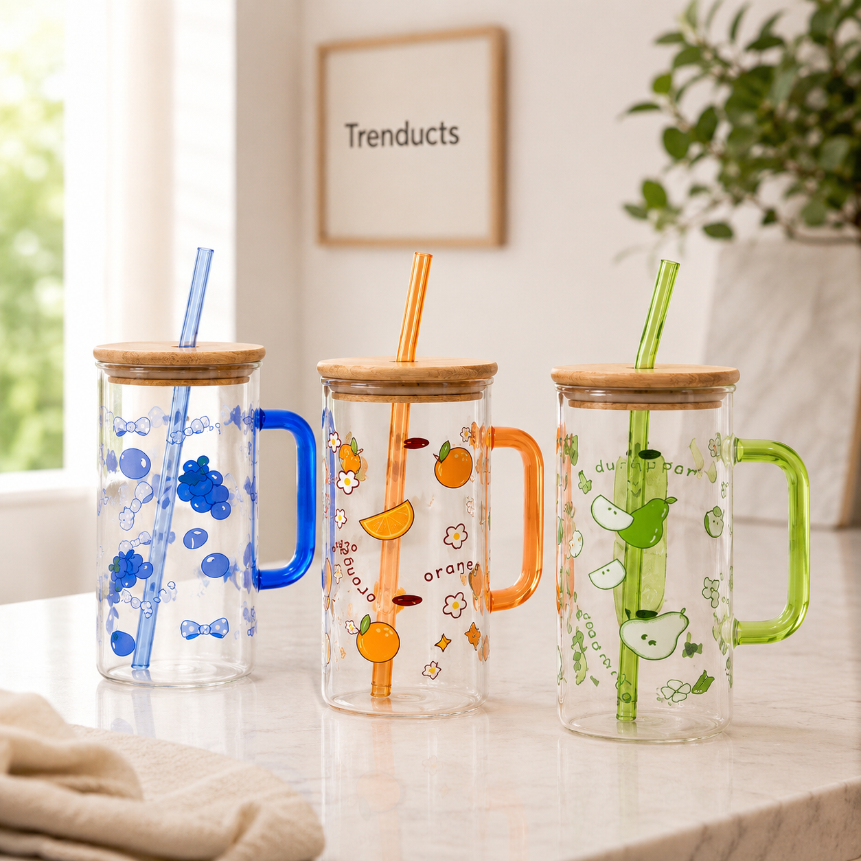 Fruit Design Glass Sipper with Lid & Straw – Random Style