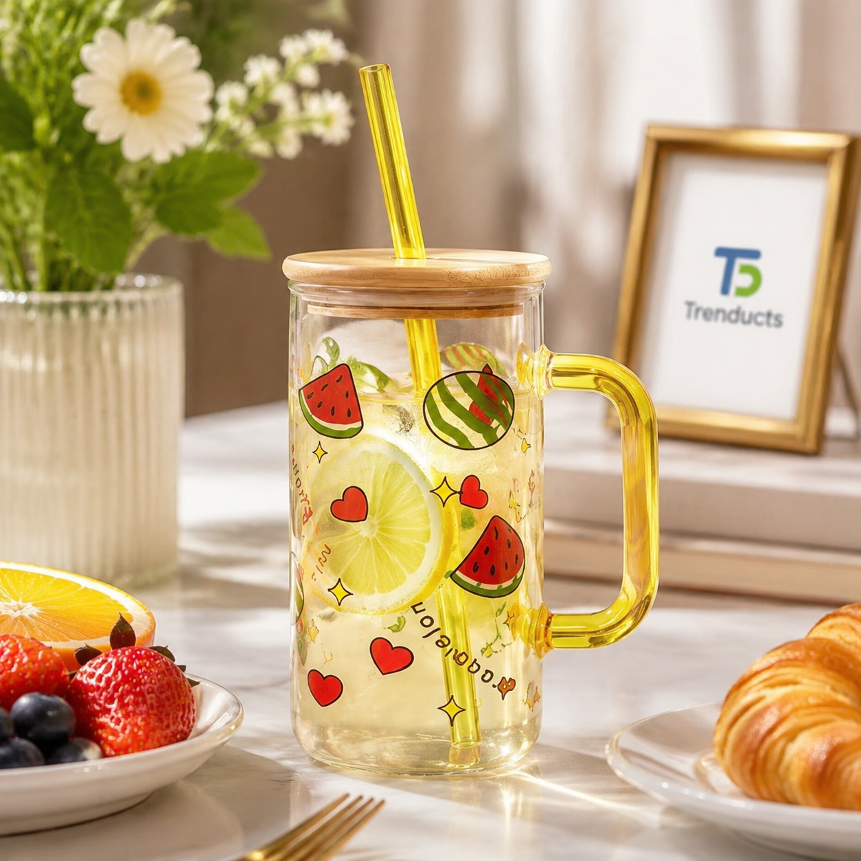 Fruit Design Glass Sipper with Lid & Straw – Random Style