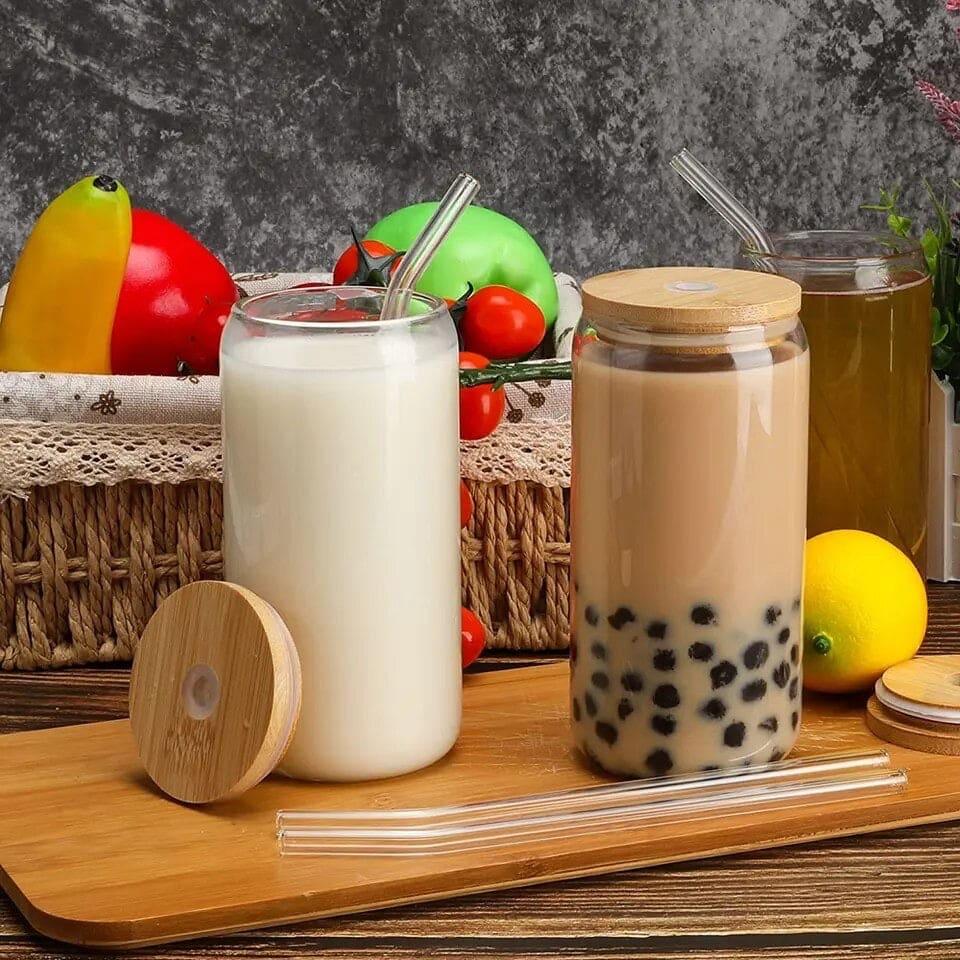 شیشے کے تنکے کے ساتھ بانس کا ڈھکن آئسڈ کافی مگ