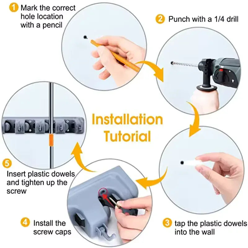 Wall Mounted Mop Holder with Multi Hooks