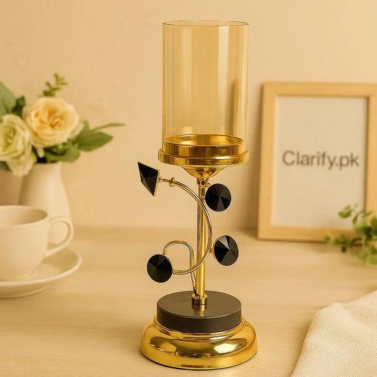Geometric Gold Candle Holder – Black Crystal Accent Decor Stand - Clarify.pk
