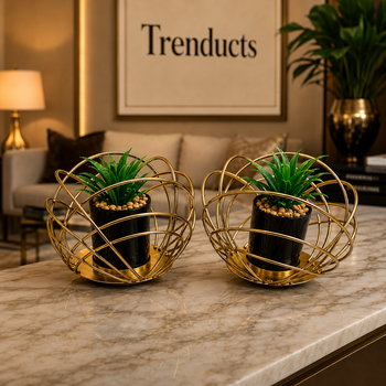 Geometric gold metal plant holder set in a living room