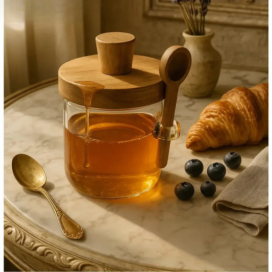 Glass Honey Jar with Wooden Lid & Spoon - Clarify.pk