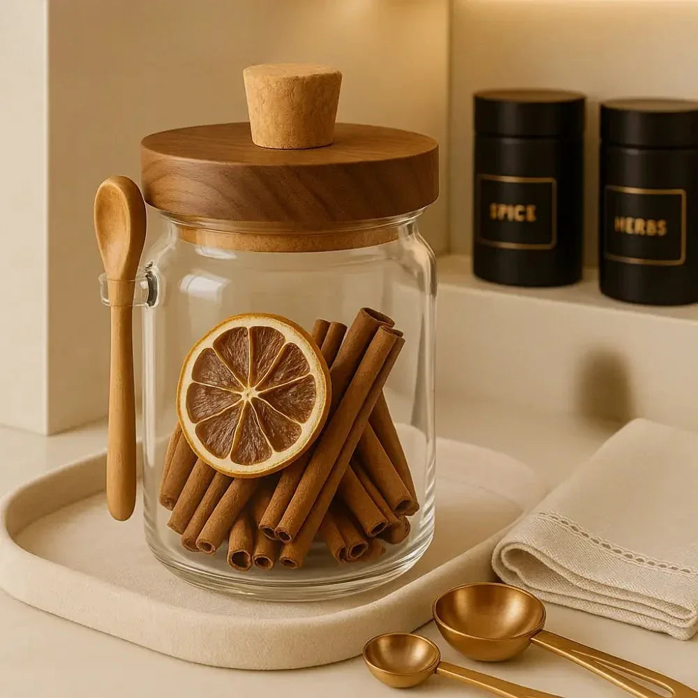 Glass Jar with Wooden Lid & Spoon Set (small) - Clarify.pk