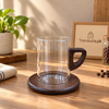 Clear Glass Coffee Mug with Dark Wooden Handle & Coaster