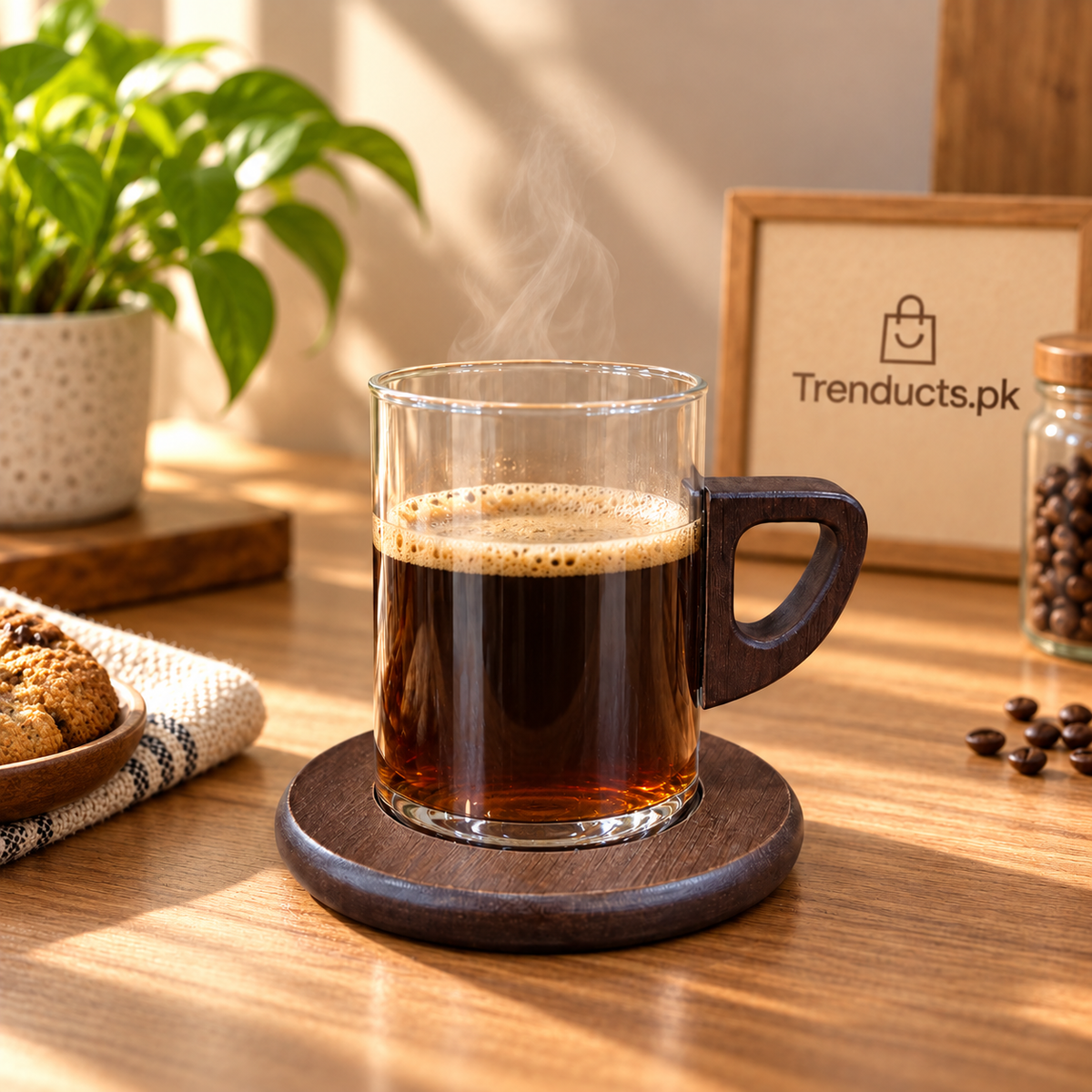 Clear Glass Coffee Mug with Dark Wooden Handle & Coaster