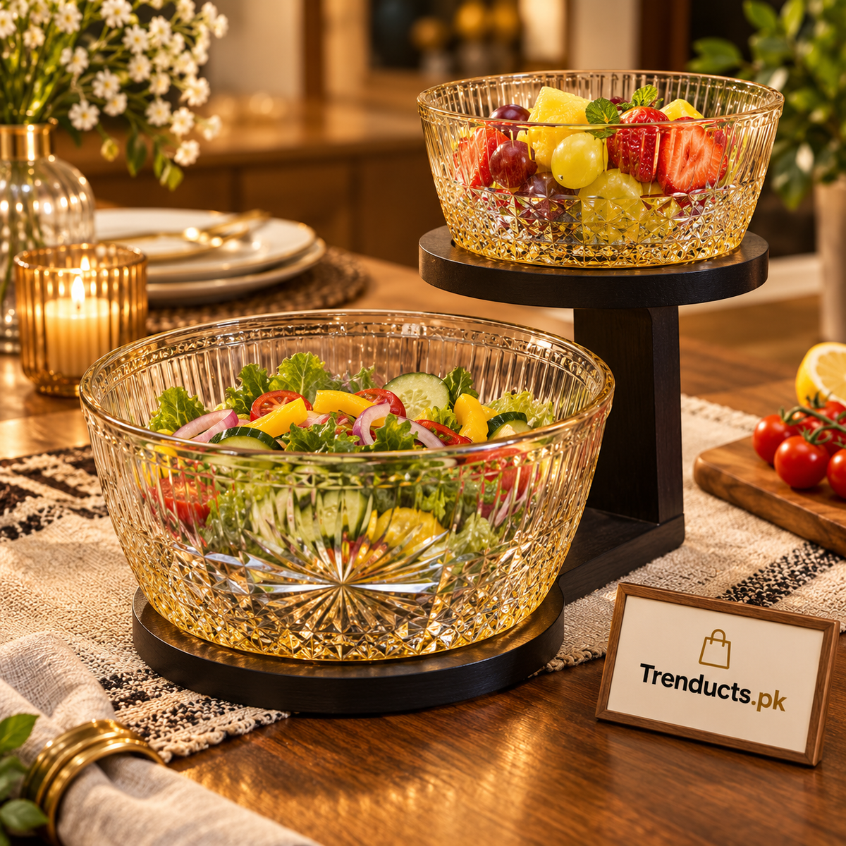 2-Piece Glass Salad Bowl Set with Wooden Serving Base