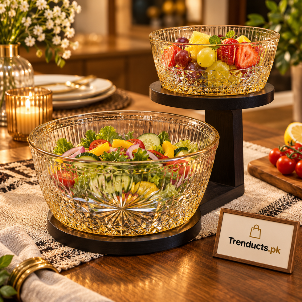 2-Piece Glass Salad Bowl Set with Wooden Serving Base