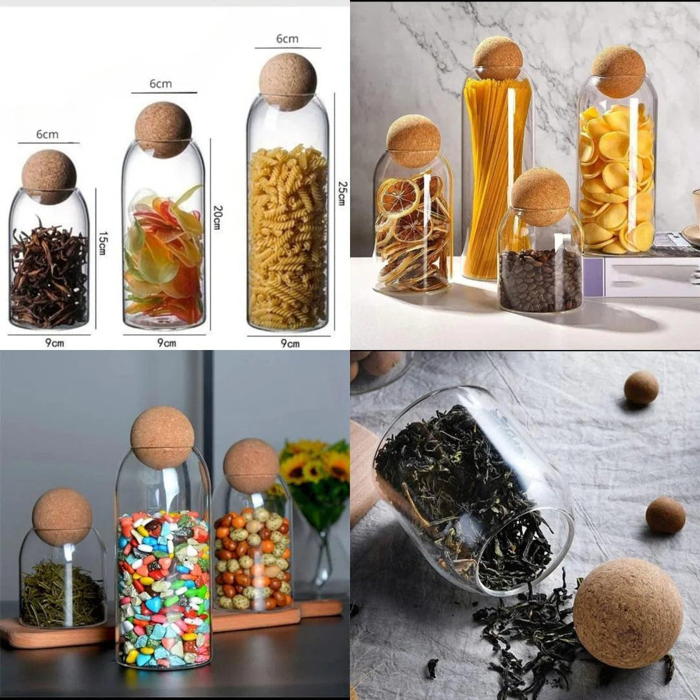 Glass Storage Jars with Cork Lids for Coffee Beans and Food Storage (Set of 3)