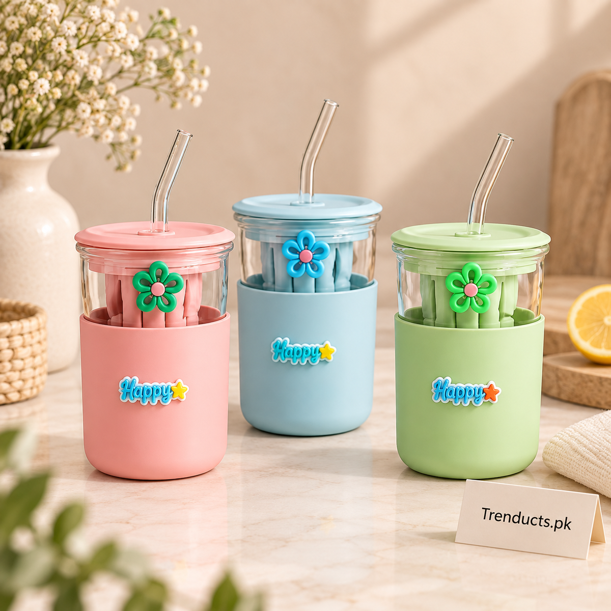350ml Glass Straw Sipper with Carry Strap (Random Color)