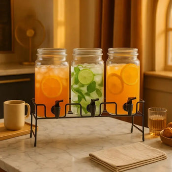 Triple Beverage Dispenser with Stand - Glass Jars - Clarify.pk