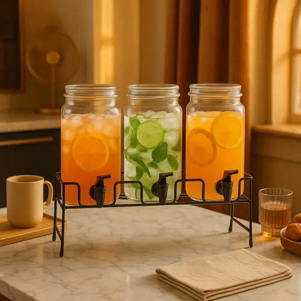 Triple Beverage Dispenser with Stand - Glass Jars - Clarify.pk