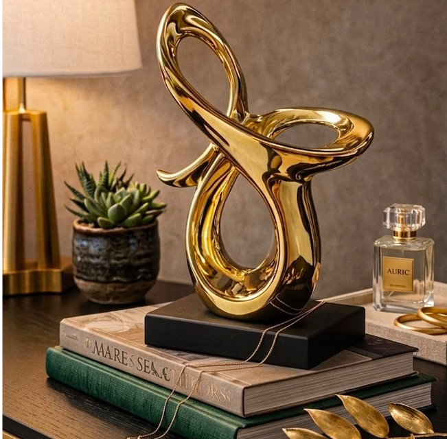 Gold Abstract Loop Sculpture with Black Base