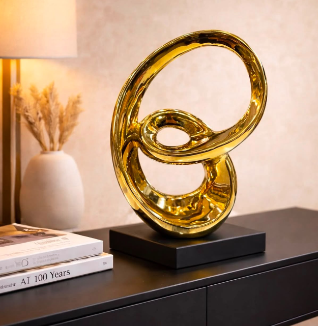 Gold Abstract Spiral Sculpture with Black Base