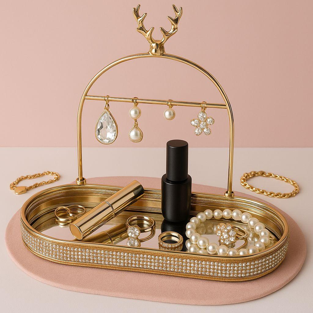 Stylish Gold Jewelry Organizer Tray with Earring Holder - Clarify.pk
